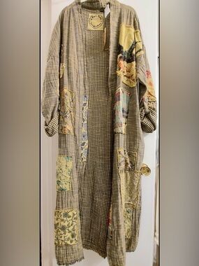 A rare bird Patchwork Long Open Cardigan in Taupe and Yellow